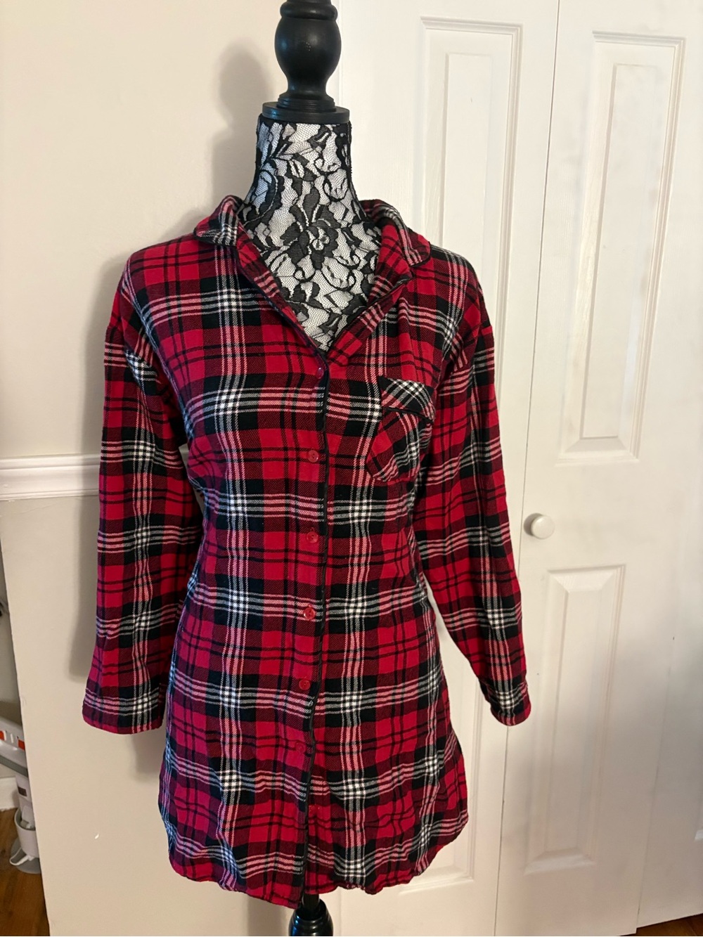 Red Black Plaid Button-Up Tunic Shirt